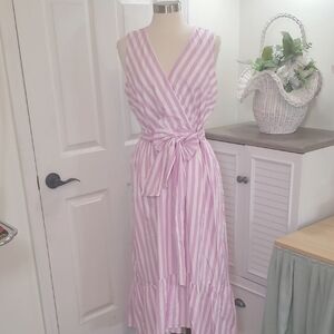 J. Crew Pink and White Striped Midi Dress Size 14